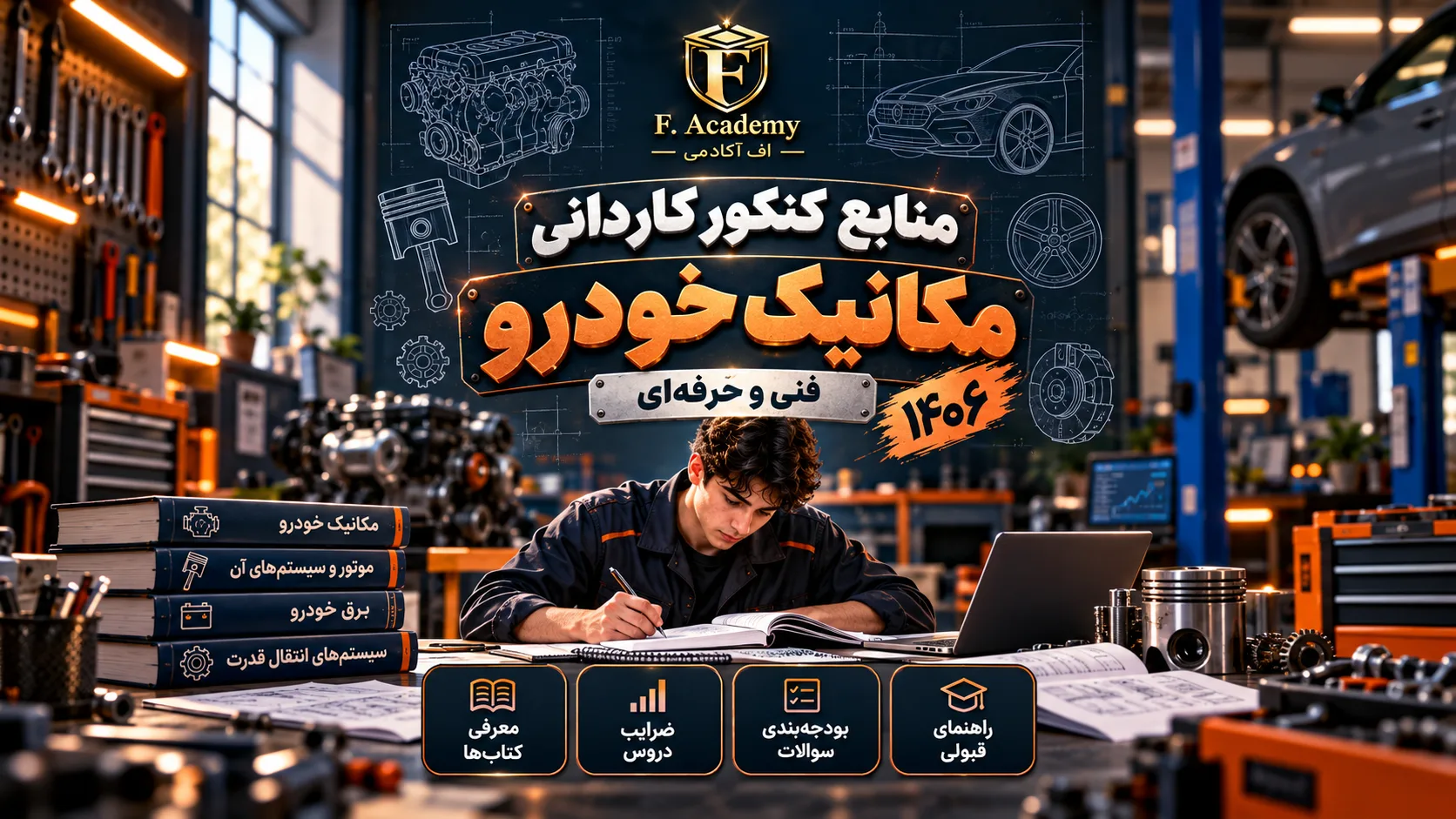 منابع کنکور کاردانی مکانیک خودرو ۱۴۰۶ و راهنمای کتاب‌ها و ضرایب در اف آکادمی